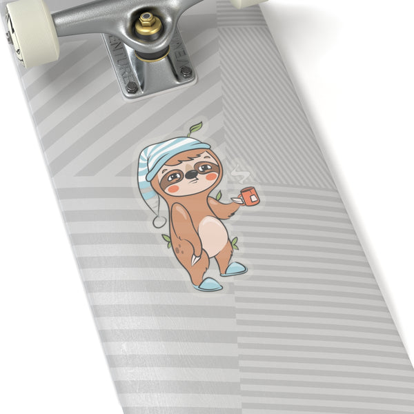 Sleepy Cartoon Sloth Drinking Coffee Sticker, Sloth Vinyl Sticker, Laptop Decal, Cute Sloth Sticker, Sloth Laptop Decal