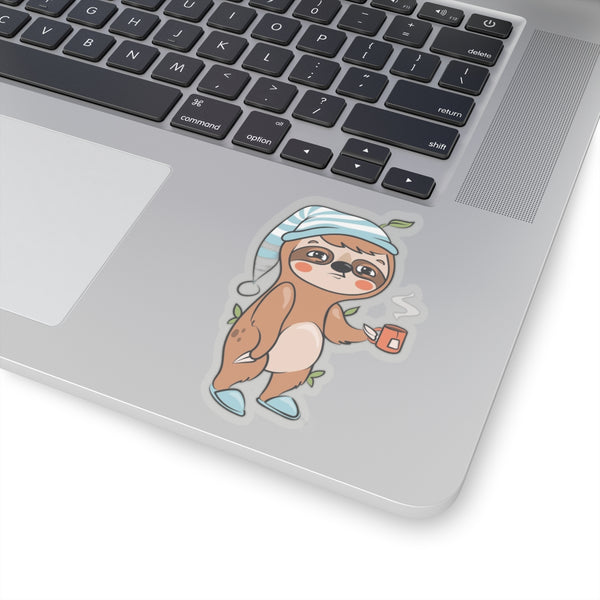 Sleepy Cartoon Sloth Drinking Coffee Sticker, Sloth Vinyl Sticker, Laptop Decal, Cute Sloth Sticker, Sloth Laptop Decal