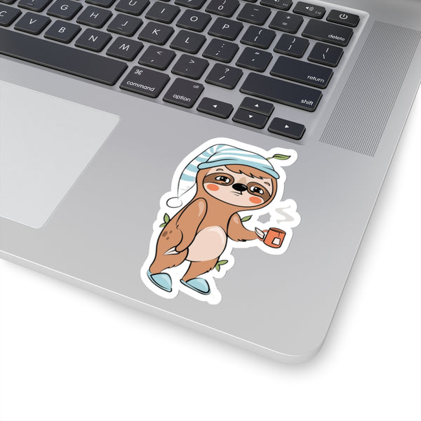 Sleepy Cartoon Sloth Drinking Coffee Sticker, Sloth Vinyl Sticker, Laptop Decal, Cute Sloth Sticker, Sloth Laptop Decal