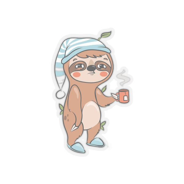 Sleepy Cartoon Sloth Drinking Coffee Sticker, Sloth Vinyl Sticker, Laptop Decal, Cute Sloth Sticker, Sloth Laptop Decal