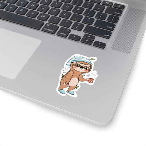 Sleepy Cartoon Sloth Drinking Coffee Sticker, Sloth Vinyl Sticker, Laptop Decal, Cute Sloth Sticker, Sloth Laptop Decal