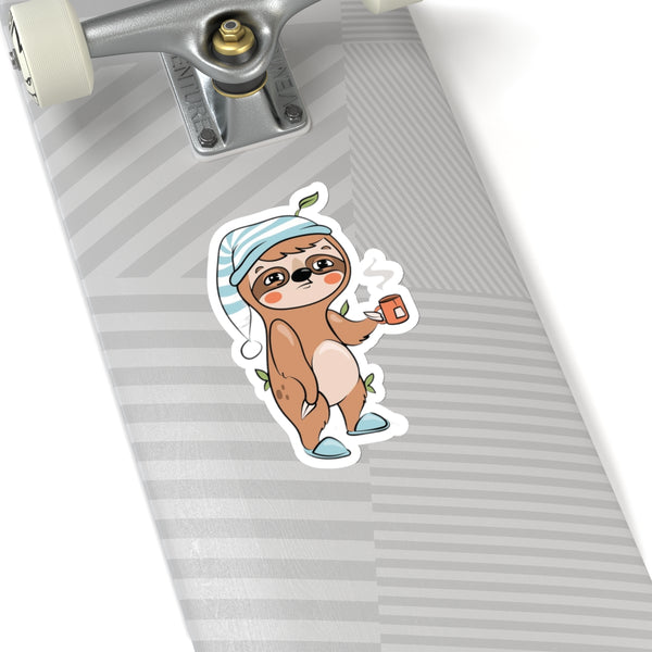 Sleepy Cartoon Sloth Drinking Coffee Sticker, Sloth Vinyl Sticker, Laptop Decal, Cute Sloth Sticker, Sloth Laptop Decal