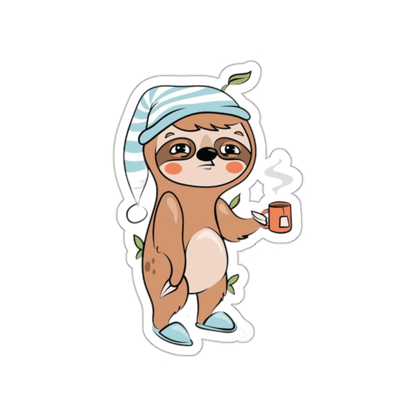 Sleepy Cartoon Sloth Drinking Coffee Sticker, Sloth Vinyl Sticker, Laptop Decal, Cute Sloth Sticker, Sloth Laptop Decal