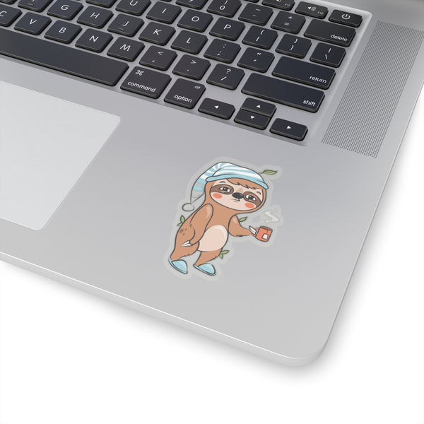 Sleepy Cartoon Sloth Drinking Coffee Sticker, Sloth Vinyl Sticker, Laptop Decal, Cute Sloth Sticker, Sloth Laptop Decal