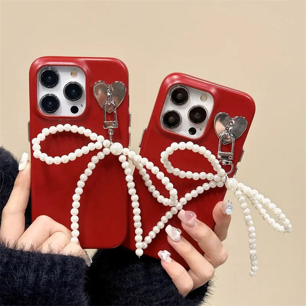 Korean Sweet Cute Bow Pearl Phone Pendant Chain Women Girl Y2K Heart Charm Strap Phone Accessories For iPhone Bag Keychain