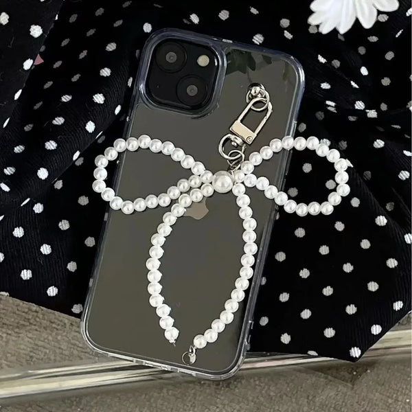 Korean Sweet Cute Bow Pearl Phone Pendant Chain Women Girl Y2K Heart Charm Strap Phone Accessories For iPhone Bag Keychain