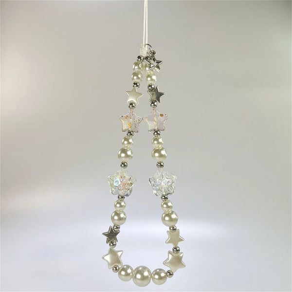 Korean Cute Clear Silvery Star Beaded Phone Chain Charm Lanyard For iPhone 16 15 13 CCD Camera Hanging Rope Girl Jewelry Pendant