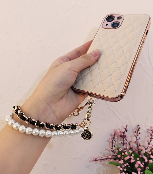 Pearl Camellia Leather Mobile Phone Charm Women's Chain Bracelet For IPhone Samsung Anti-lost Universal Cell Phone Strap Pendant