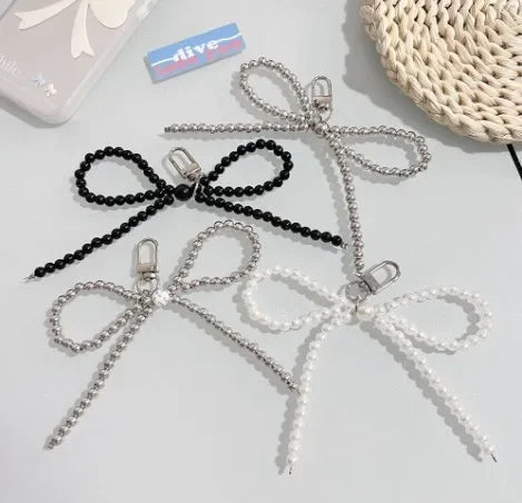 Korean Sweet Cute Bow Pearl Phone Pendant Chain Women Girl Y2K Heart Charm Strap Phone Accessories For iPhone Bag Keychain