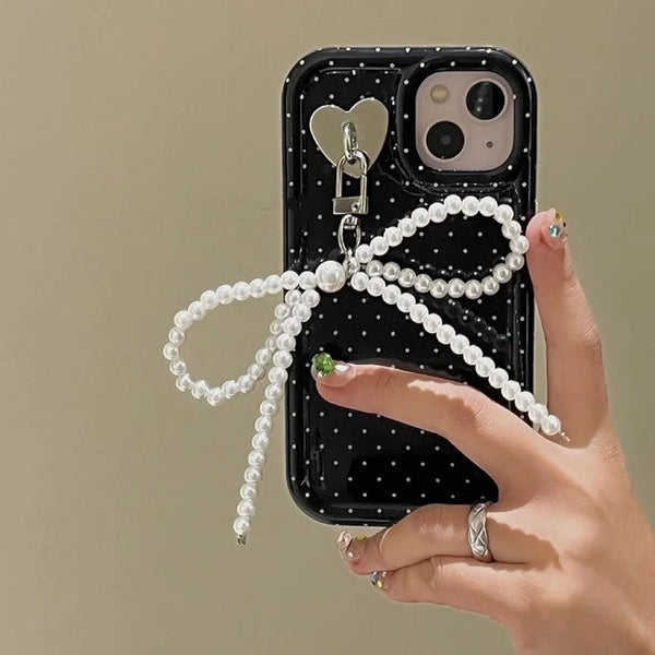 Korean Sweet Cute Bow Pearl Phone Pendant Chain Women Girl Y2K Heart Charm Strap Phone Accessories For iPhone Bag Keychain