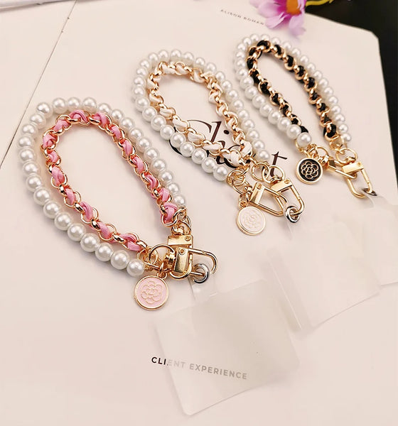 Pearl Camellia Leather Mobile Phone Charm Women's Chain Bracelet For IPhone Samsung Anti-lost Universal Cell Phone Strap Pendant