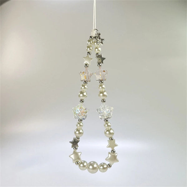 Korean Cute Clear Silvery Star Beaded Phone Chain Charm Lanyard For iPhone 16 15 13 CCD Camera Hanging Rope Girl Jewelry Pendant