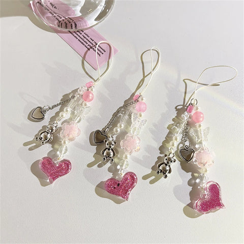 Y2K Pink Love Heart Flower Beaded sweet Girl Lanyard For iPhone ccd Camera Chain Anti-Lost Rope Strap Lanyard Hanging Cord