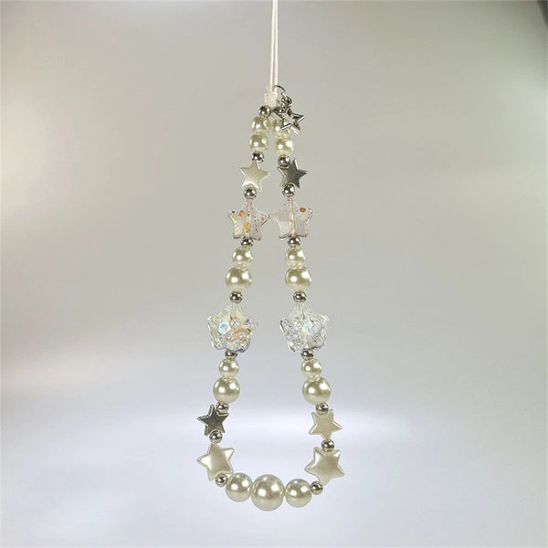 Korean Cute Clear Silvery Star Beaded Phone Chain Charm Lanyard For iPhone 16 15 13 CCD Camera Hanging Rope Girl Jewelry Pendant