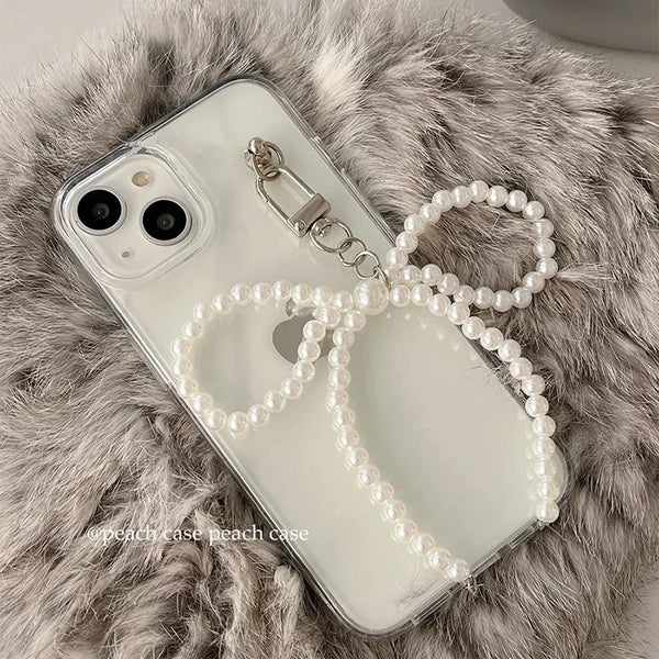 Korean Sweet Cute Bow Pearl Phone Pendant Chain Women Girl Y2K Heart Charm Strap Phone Accessories For iPhone Bag Keychain