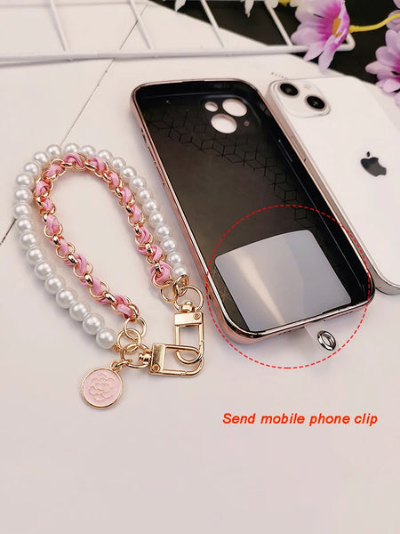 Pearl Camellia Leather Mobile Phone Charm Women's Chain Bracelet For IPhone Samsung Anti-lost Universal Cell Phone Strap Pendant