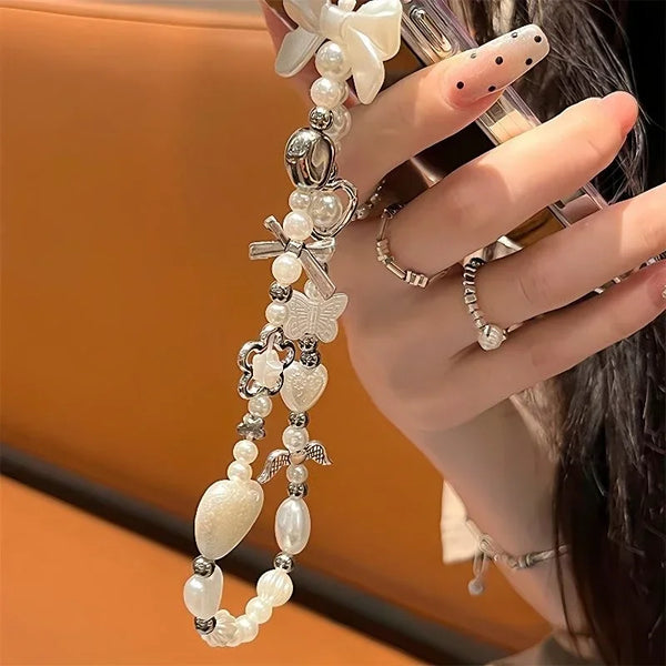 Korean Cute Baroque White Bow Flower Beaded Phone Chain Charm Lanyard For iPhone Samsung Universal Accessories Jewelry Pendant