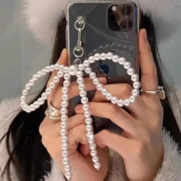 Korean Sweet Cute Bow Pearl Phone Pendant Chain Women Girl Y2K Heart Charm Strap Phone Accessories For iPhone Bag Keychain