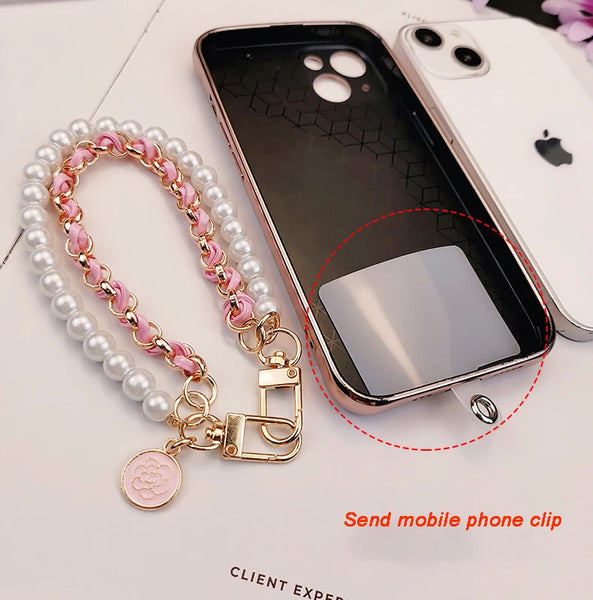 Pearl Camellia Leather Mobile Phone Charm Women's Chain Bracelet For IPhone Samsung Anti-lost Universal Cell Phone Strap Pendant