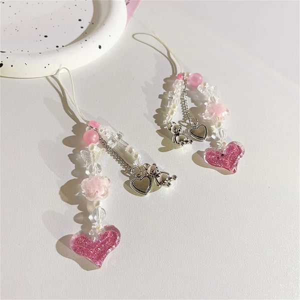 Y2K Pink Love Heart Flower Beaded sweet Girl Lanyard For iPhone ccd Camera Chain Anti-Lost Rope Strap Lanyard Hanging Cord