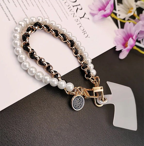 Pearl Camellia Leather Mobile Phone Charm Women's Chain Bracelet For IPhone Samsung Anti-lost Universal Cell Phone Strap Pendant