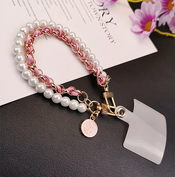 Pearl Camellia Leather Mobile Phone Charm Women's Chain Bracelet For IPhone Samsung Anti-lost Universal Cell Phone Strap Pendant