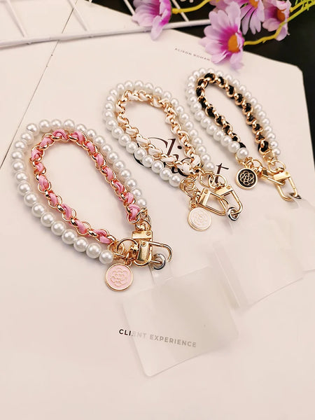 Pearl Camellia Leather Mobile Phone Charm Women's Chain Bracelet For IPhone Samsung Anti-lost Universal Cell Phone Strap Pendant