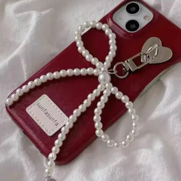 Korean Sweet Cute Bow Pearl Phone Pendant Chain Women Girl Y2K Heart Charm Strap Phone Accessories For iPhone Bag Keychain