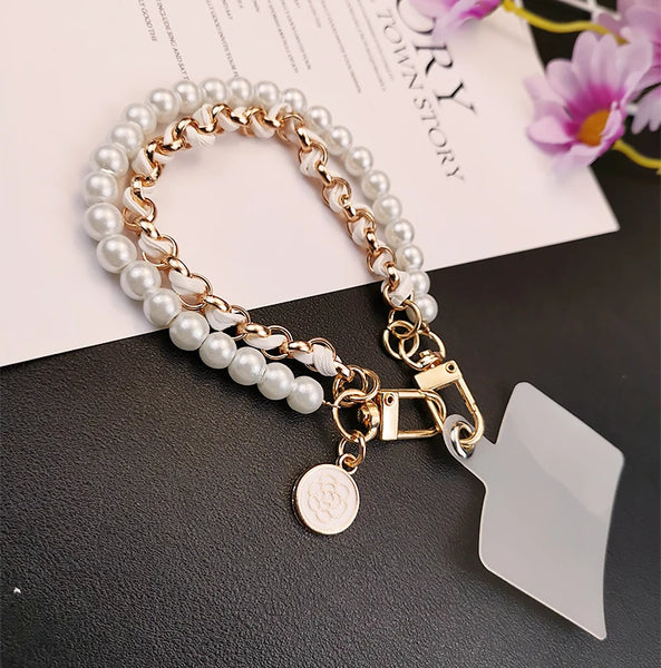 Pearl Camellia Leather Mobile Phone Charm Women's Chain Bracelet For IPhone Samsung Anti-lost Universal Cell Phone Strap Pendant