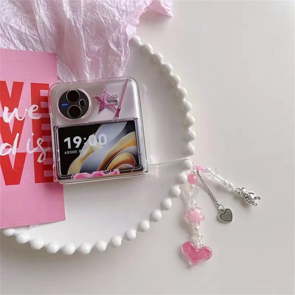 Y2K Pink Love Heart Flower Beaded sweet Girl Lanyard For iPhone ccd Camera Chain Anti-Lost Rope Strap Lanyard Hanging Cord