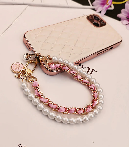 Pearl Camellia Leather Mobile Phone Charm Women's Chain Bracelet For IPhone Samsung Anti-lost Universal Cell Phone Strap Pendant