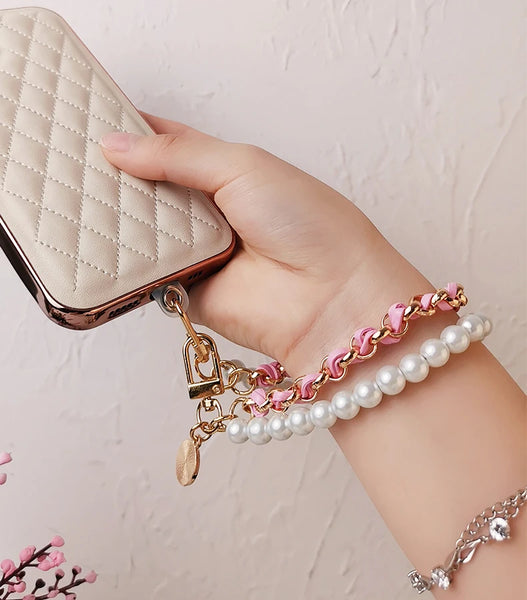 Pearl Camellia Leather Mobile Phone Charm Women's Chain Bracelet For IPhone Samsung Anti-lost Universal Cell Phone Strap Pendant