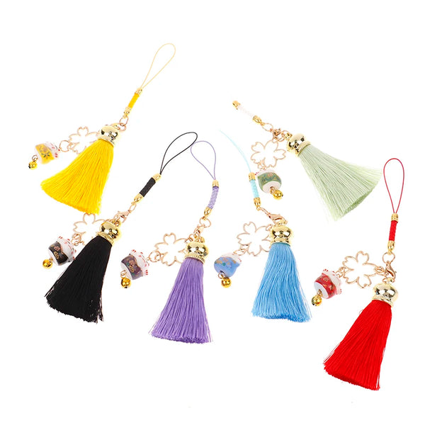 Beautiful Smart phone Strap Lanyards for iPhone Samsung Decor Cherry Flower Tassel Cat Bell Mobile Phone Strap Rope Phone Charm