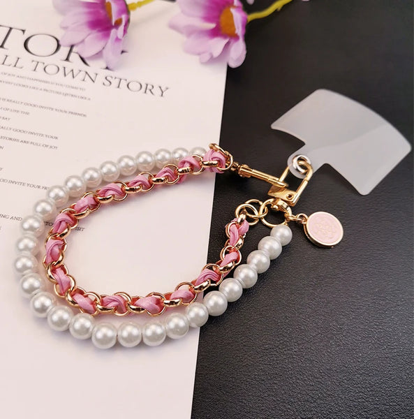 Pearl Camellia Leather Mobile Phone Charm Women's Chain Bracelet For IPhone Samsung Anti-lost Universal Cell Phone Strap Pendant