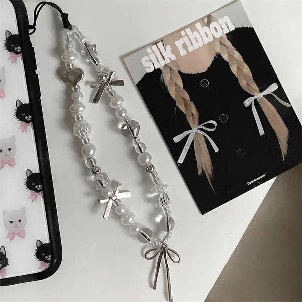 Korean Cute Ribbon Bow Love Heart Phone Chain Lanyard Charm Strap Bowknot Pendant For iPhone Samsung Phone Accessories Girl Gift