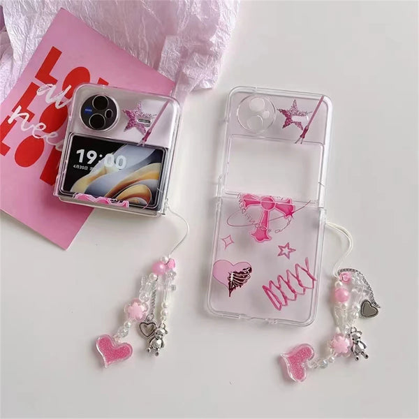 Y2K Pink Love Heart Flower Beaded sweet Girl Lanyard For iPhone ccd Camera Chain Anti-Lost Rope Strap Lanyard Hanging Cord