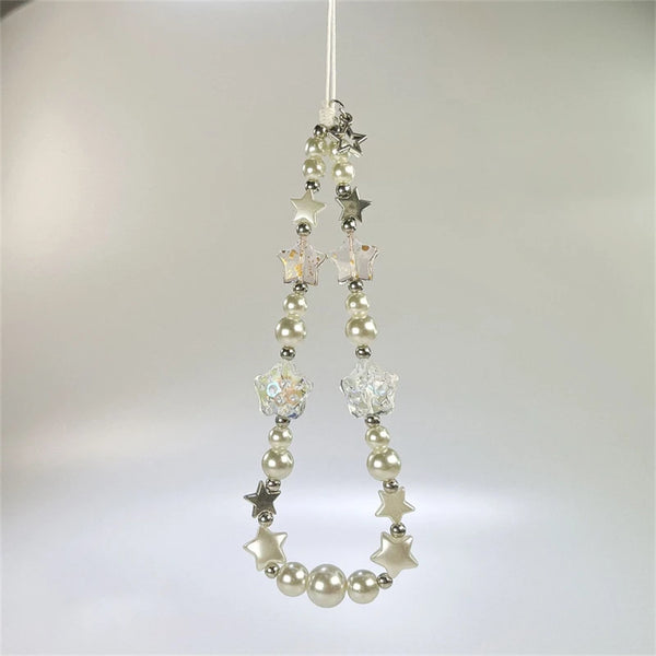 Korean Cute Clear Silvery Star Beaded Phone Chain Charm Lanyard For iPhone 16 15 13 CCD Camera Hanging Rope Girl Jewelry Pendant