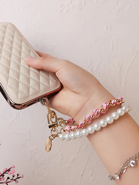 Pearl Camellia Leather Mobile Phone Charm Women's Chain Bracelet For IPhone Samsung Anti-lost Universal Cell Phone Strap Pendant